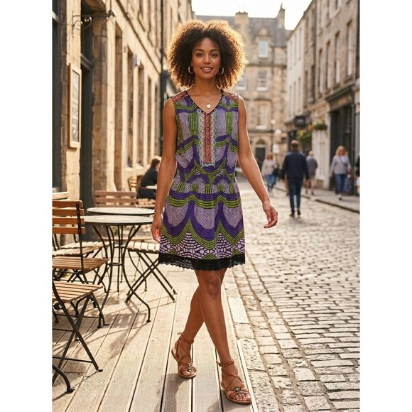 Custo Barcelona Dresses & Skirts - Custo Barcelona Mini Dress Women Purple Green Mosaic Print Beaded Smocked Size 1
